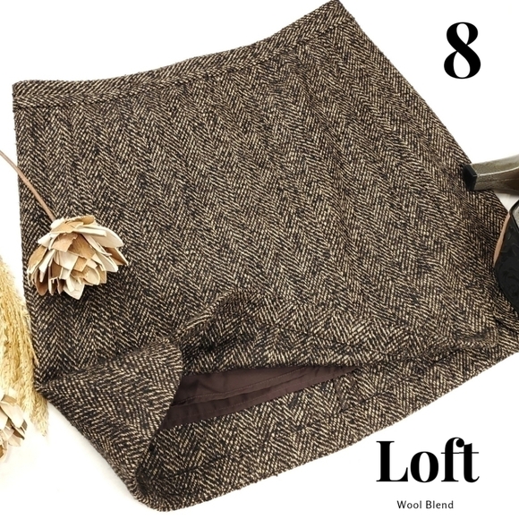 Loft Brown Scalloped Tweed Wool Blend Skirt Size 8 - Picture 1 of 10